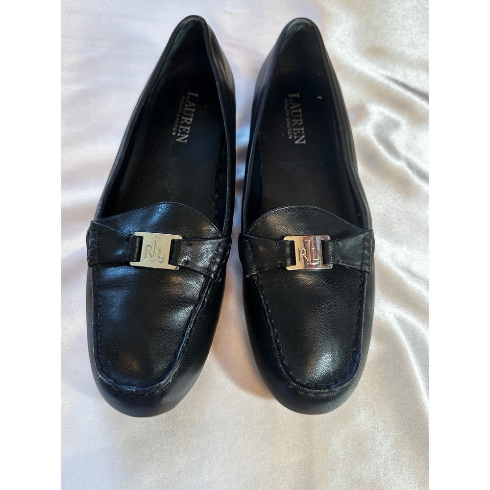 Lauren Ralph Lauren Black Leather Loafers Silver RL Logo Hardware Flats 9.5